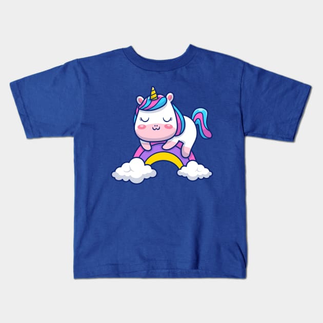 Cute Unicorn Sleeping On Rainbow Cartoon Kids T-Shirt by Catalyst Labs